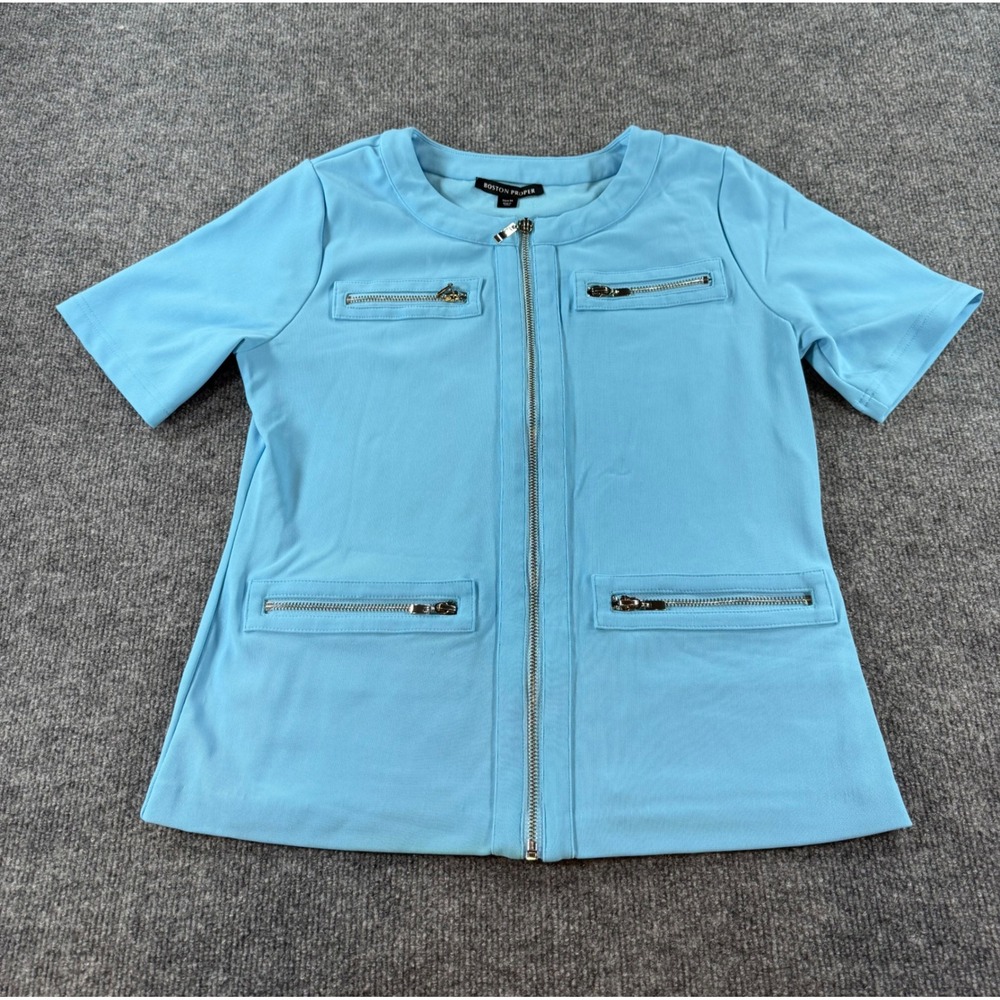 Boston Proper Womens Blue Short Sleeve Full Zip Utility Top Size M Four Pockets